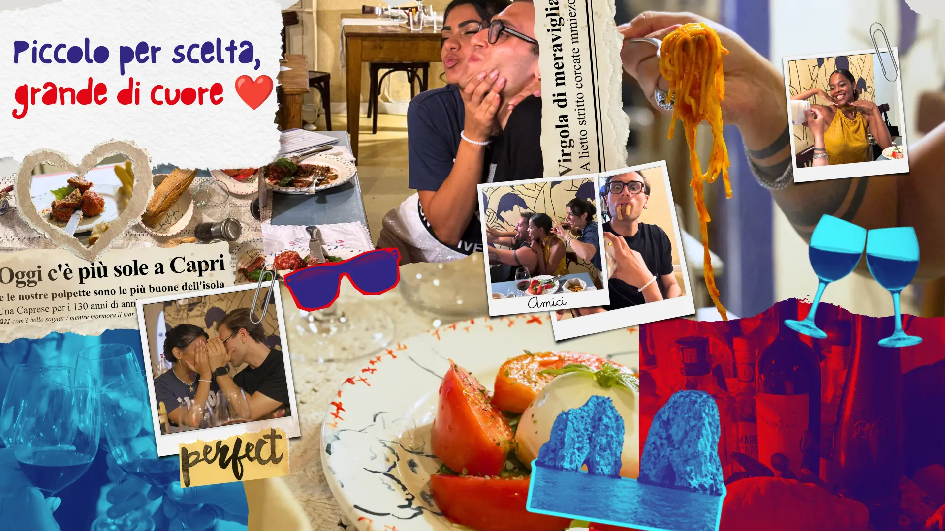 Collage del Ristorante Piccolino: amici a tavola, spaghetti, brindisi e ritagli di Capri